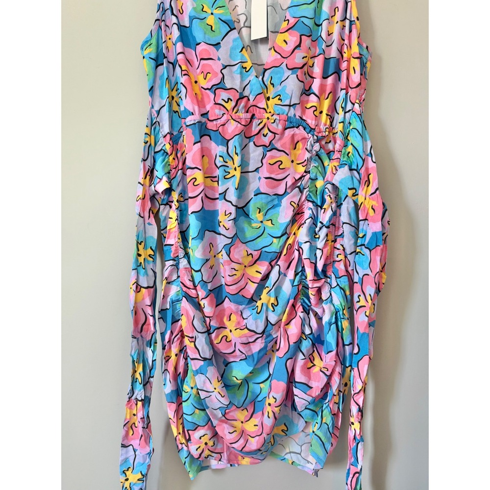 For Love & Lemons Yasmin Floral Mini Dress Blue Pink Plunge V-Neck Large NWT - Picture 9 of 14
